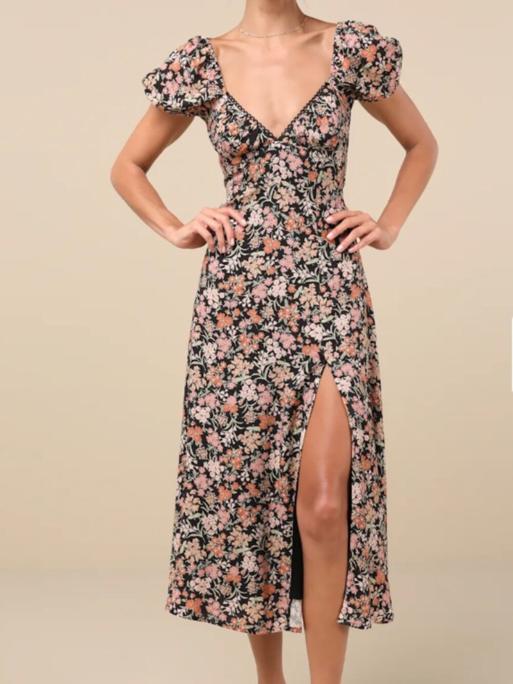 Lulus Meadow Muse Black Floral Tie-Back Puff Sleeve Midi Dress